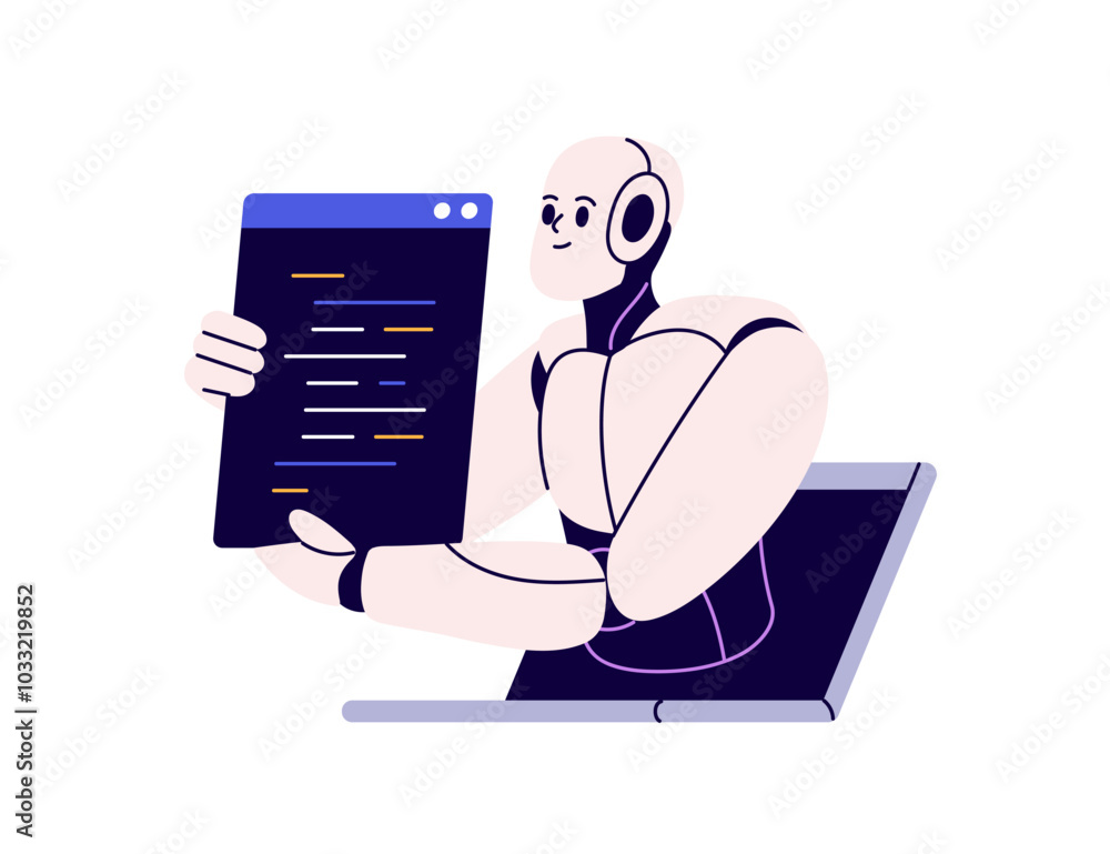 Aufkleber Robot, AI assistant. Digital virtual bot, automated assistant with artificial intelligence. Information technology, machine learning concept. Flat vector illustration isolated on white background