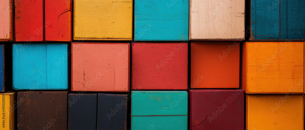 Poster a colorful arrangement of wooden blocks in various shades, creating an abstract pattern.