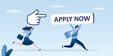 Businessman holding apply now button and businesswoman with mouse pointer to click. Job application or opening position. Apply new job online,