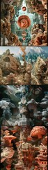 Obraz premium Produce a photorealistic 3D rendering showcasing a worms-eye view concept entwined with surreal cubist landscapes Ensure a seamless fusion of intricate details