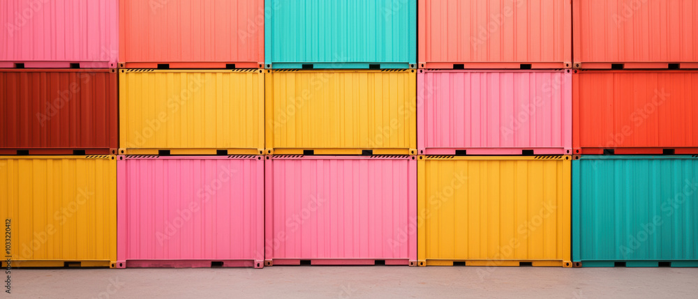 Poster a vibrant array of stacked shipping containers in various colors, creating a striking geometric patt