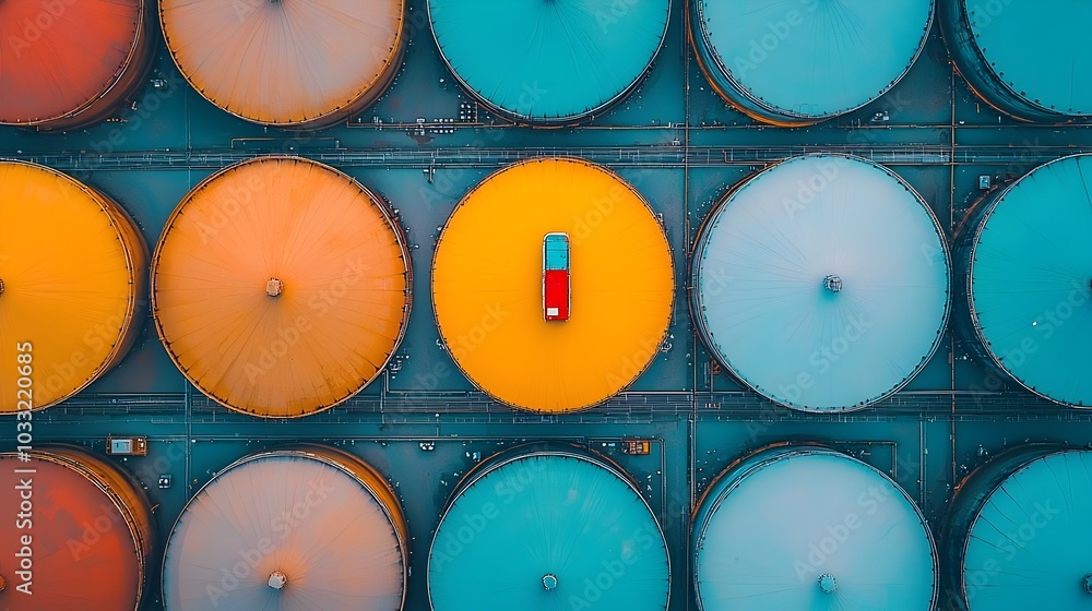 Aufkleber aerial perspective capturing the intricate geometric arrangement of oil refinery storage tanks set a