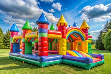 A colorful inflatable castle with a rainbow roof