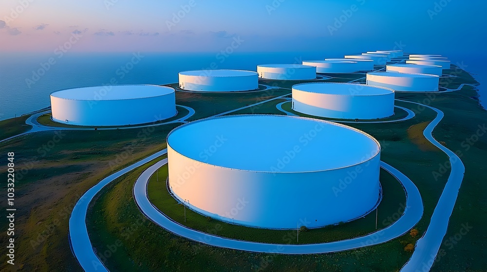 Poster Aerial perspective showcasing a vast industrial facility with numerous storage tanks strategically arranged in a geometric puzzle like pattern creating a visually captivating and organized layout