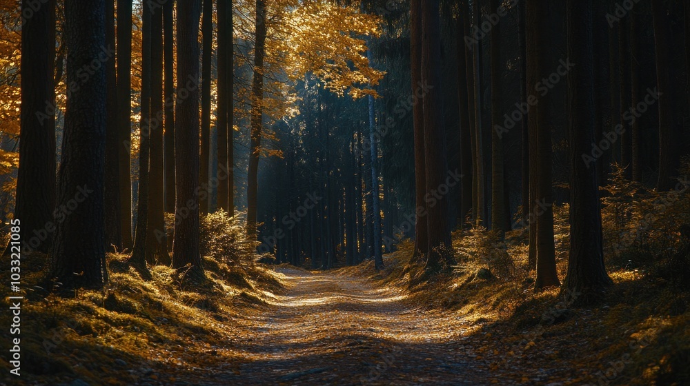 Poster sunbeams illuminate a path through a dense autumn forest.