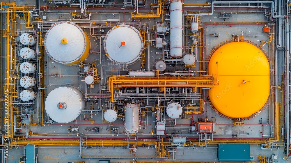 Poster aerial view showcasing the intricate geometric patterns of refinery storage tanks highlighting the i