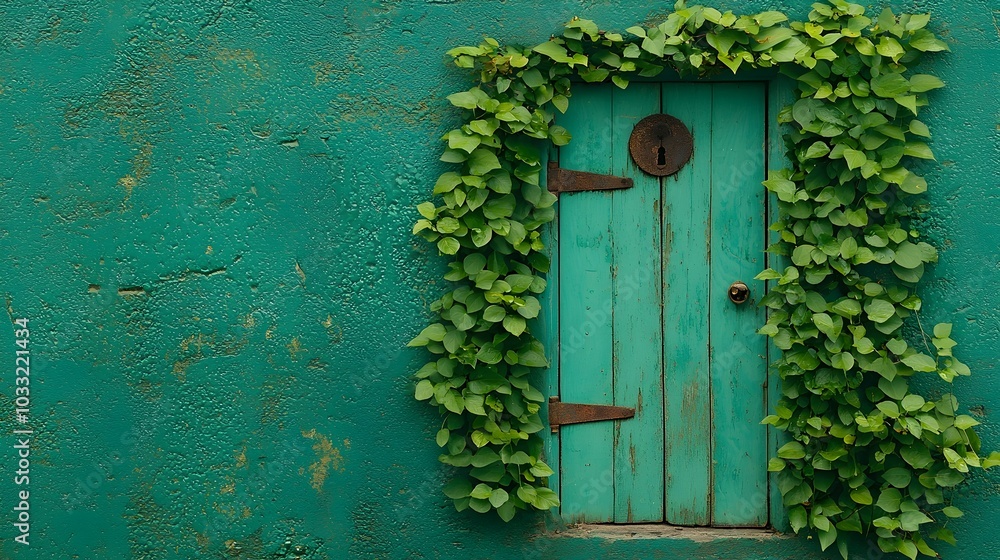 Poster an old wooden door partially obscured by lush overhanging ivy leaves creating a captivating natural 