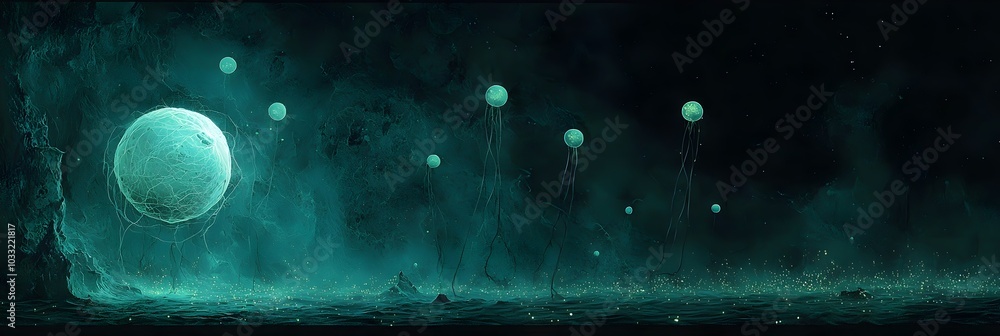 Aufkleber bioluminescent plankton glowing and shimmering in the depths of the ocean creating a mesmerizing and