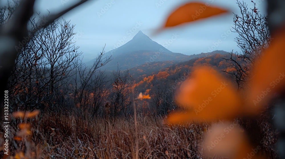 Poster Blurred and atmospheric tree branches framing a majestic mountain peak in the distant landscape creating a sense of scale and depth
