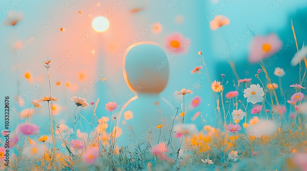 Aufkleber Blurred and vibrant floral elements in the foreground create an frame drawing the viewer s attention to the distinct subject such as a bird or statue in the clear background