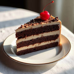 Slice of chocolate cake with a cherry on top sits on a white plate