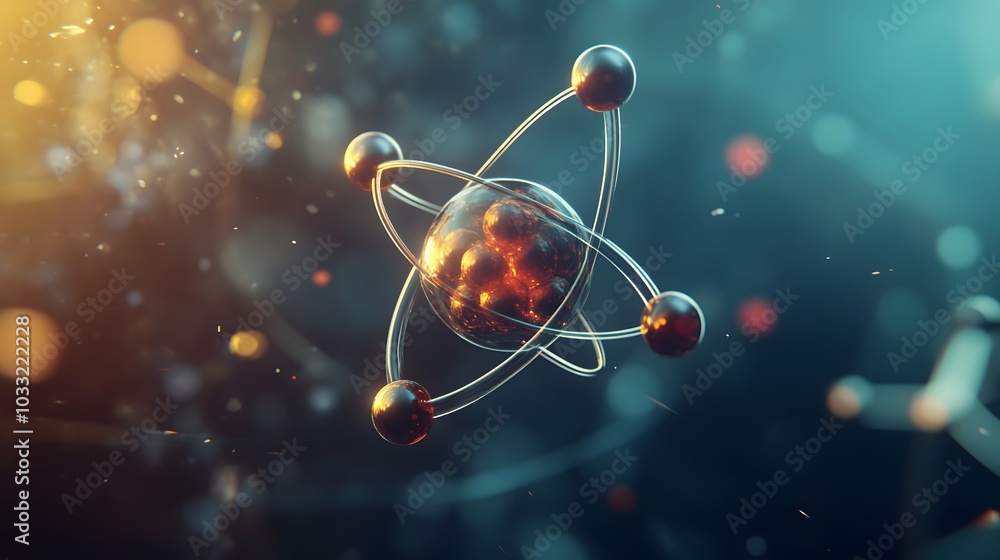 Poster a 3d rendering of a stylized atom with an inner core of smaller spheres