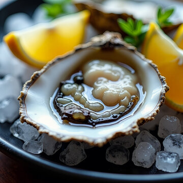 Small oyster is sitting on a plate with a few pieces of orange