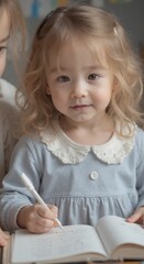 zoe - Focused Young Girl in Blue Dress with Peter Pan Collar Writing, Capturing Childhood Learning and Concentration