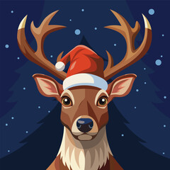 Vector illustration of a portrait of a Christmas deer in a Santa Claus hat against a winter forest background. Festive Christmas design element