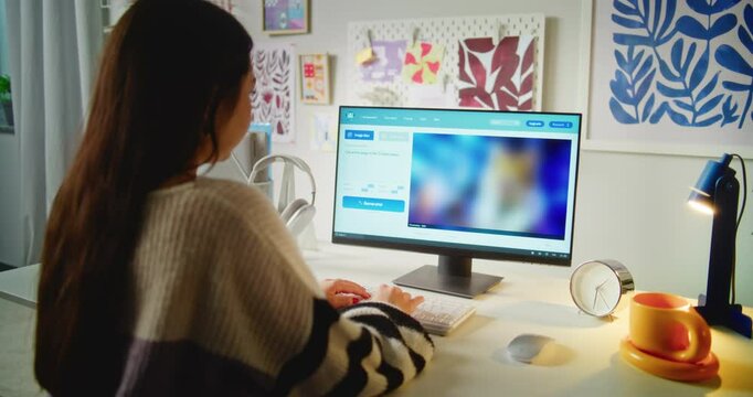 Girl types prompt in AI image generator on computer. PC screen shows artificial intelligence generating detailed photo of funny cat. From text prompt to realistic generated image. Automated artwork.