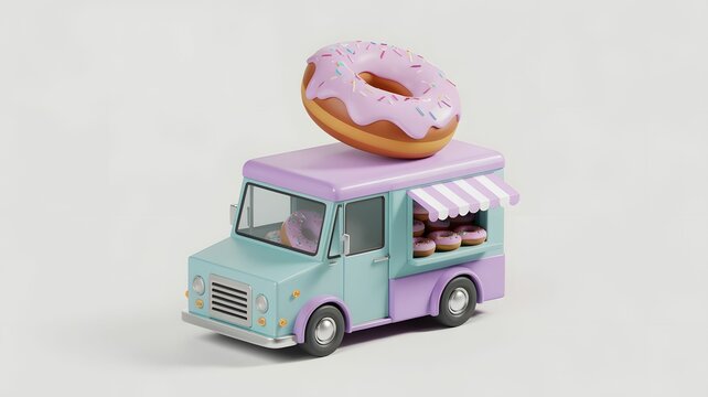 A colorful toy food truck with a pink-frosted donut on top, representing a playful take on dessert delivery.
