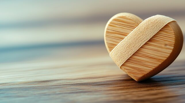 Close-up of a wooden heart with adhesive bandages, symbolizing healing and love, on a natural wood table, clean space on the left for text