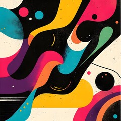 Bold geometric shapes in funky layouts, layered with groovy swirling lines and vibrant colors, creating a dynamic 70s-inspired graphic design 