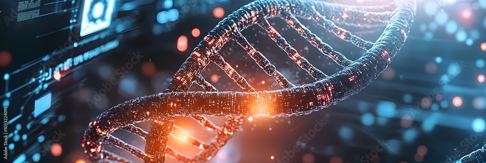 Leinwandbilder Captivating digital artwork depicting glowing DNA strands swirling and flowing in a dynamic futuristic vortex of technology and scientific innovation  The image represents the complex