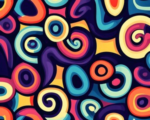 Groovy geometric shapes arranged in a seamless pattern, with soft curves, bright contrasting colors, and abstract swirls, perfect for textiles 