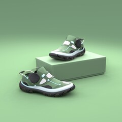Footwear concept with box package on green background. Package design. 3d illustration.