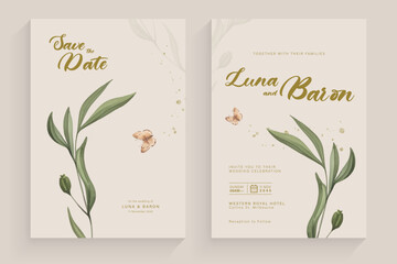 Aesthetic Wedding Invitation with Watercolor Leaves Arrangement