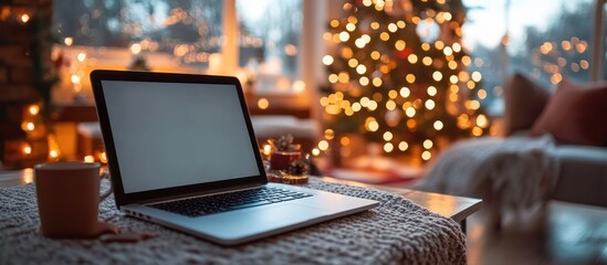 Laptop on a table in a living room with a Christmas tree in the background.