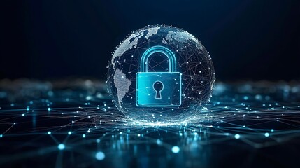 A secure padlock hovering above a wireframe globe, with data connections linking continents.