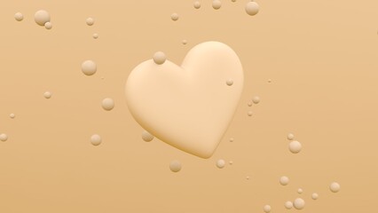 Big glossy heart flying in the air on yellow background with floating spheres. Modern cover design. 3d illustration.