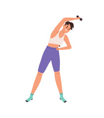 Slim young woman training strength with dumbbells. Girl with short hair does physical exercise with sports equipment. Person lifts weights during workout. Flat isolated vector illustration on white