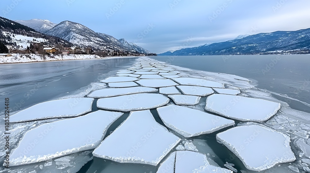 Poster captivating frozen landscape with a cracked ice surface on a tranquil lake surrounded by the majesti
