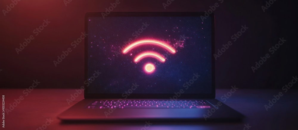 Poster Laptop with glowing Wi-Fi symbol on the screen in a dark room with red and blue light.