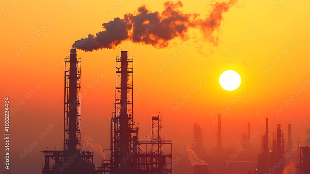 Poster captivating industrial landscape with a refinery setting at dawn featuring striking silhouettes and 