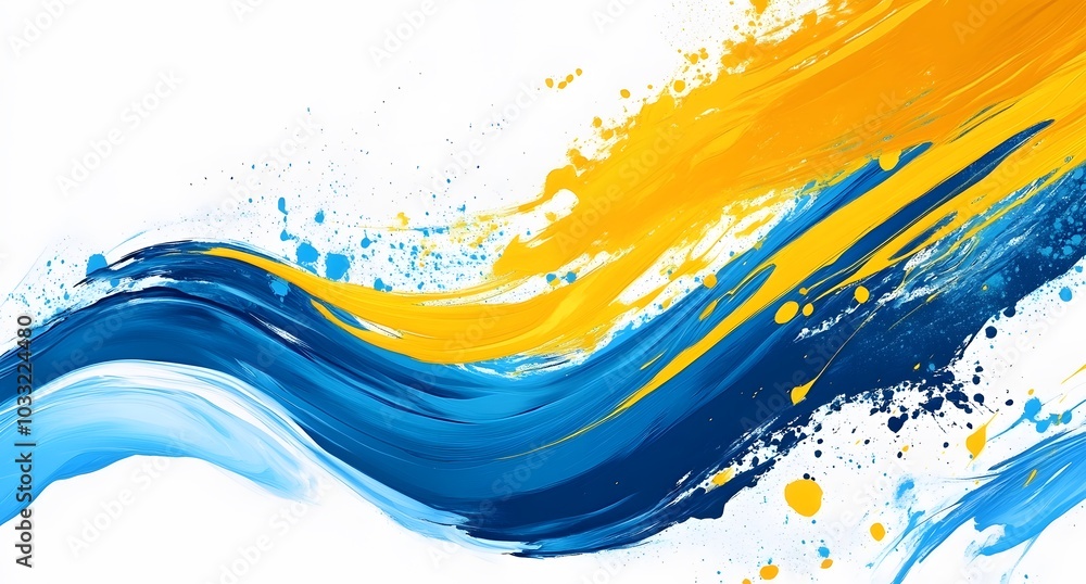 Fototapete Blue and yellow background vector with abstract shapes, splashes of paint, and dynamic lines. Abstract background for presentation or poster design.