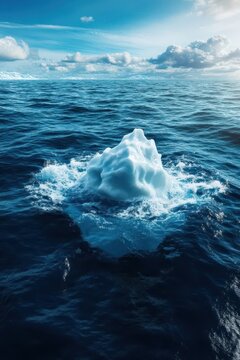 An iceberg tipping over into the ocean as it melts, symbolizing the destabilizing effects of global warming Isolated on a blue ocean background with waves