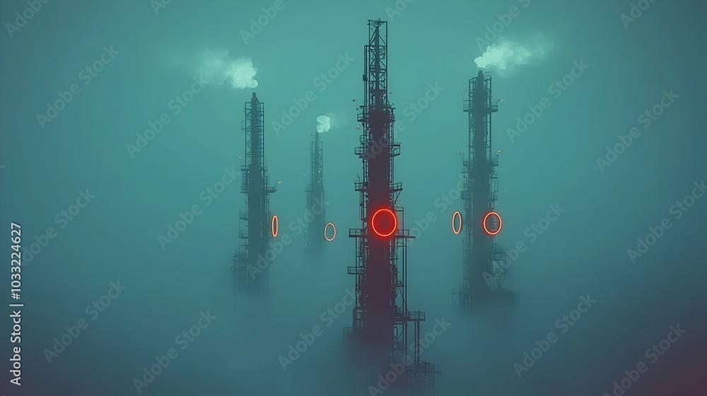 Poster captivating night view of a sprawling industrial refinery its towering structures and neon lights cr
