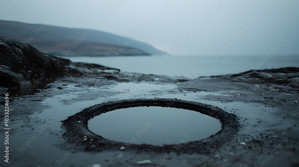 Poster Captivating ripples create a dreamy reflective layer in front of a serene atmospheric landscape inviting a moment of tranquility and contemplation
