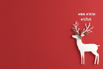White reindeer shape with holly on red background for warm winter wishes