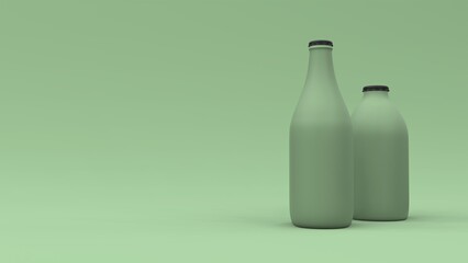 Two bottles on the green background with floating spheres. Package design. 3d illustration.