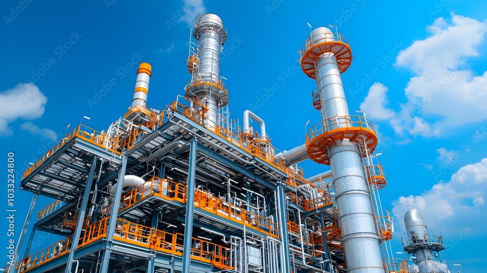 Poster captivating night view of a refinery against a backdrop of glowing neon lights showcasing the techno