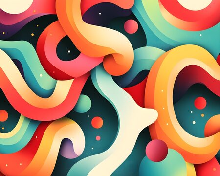 Playful typography with chunky, warped letters and groovy color gradients, flowing around retro shapes and patterns, creating a funky visual appeal 