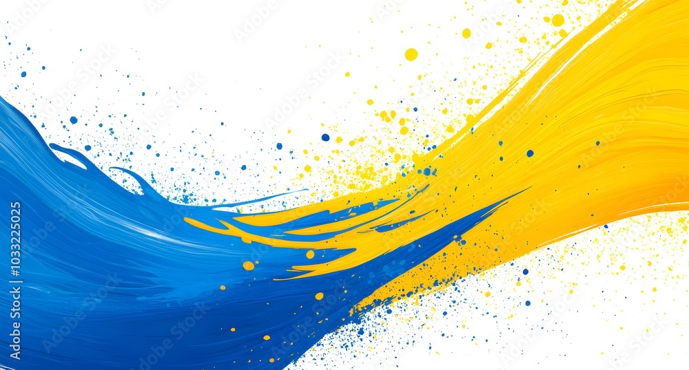Fototapete Blue and yellow background vector with abstract shapes, splashes of paint, and dynamic lines. Abstract background for presentation or poster design.