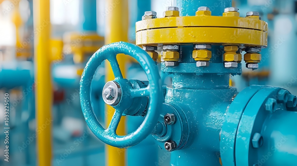 Poster close up view of an intricate network of industrial valves pipes and metallic components crisscrossi