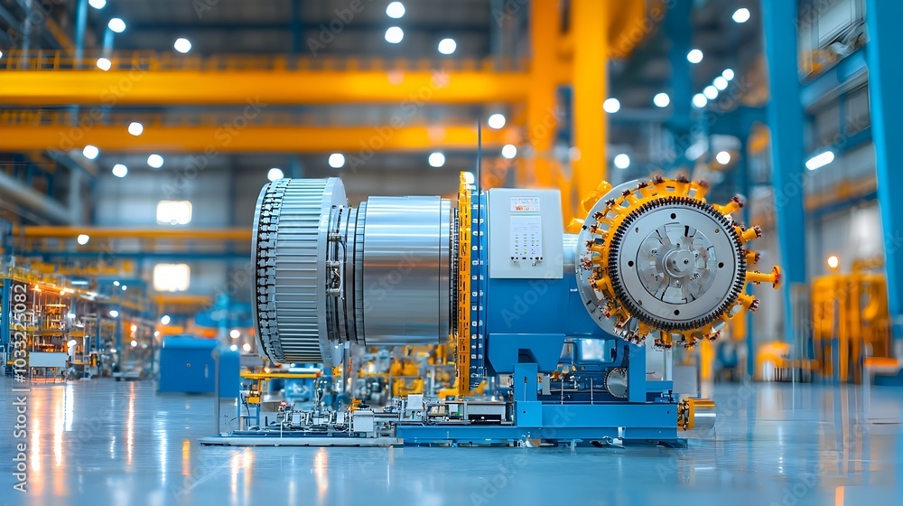 Poster close up view of rotating machinery and equipment within an industrial refinery captured in motion t