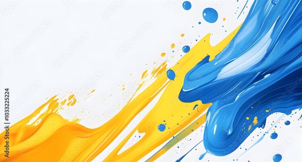 Poster blue and yellow background vector with abstract shapes, splashes of paint, and dynamic lines. abstra