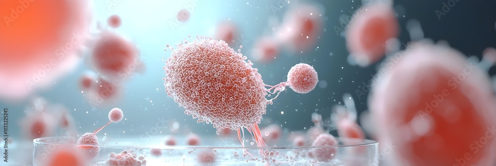 Poster closeup view of microscopic cells dividing and multiplying inside a petri dish style setting abstrac