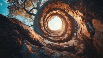 A spiral tree trunk looking up to the sky. Generative AI