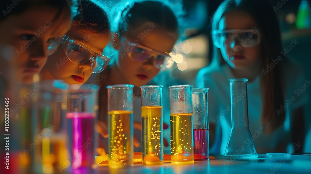 Poster young scientists conduct an experiment with colorful liquids in beakers.
