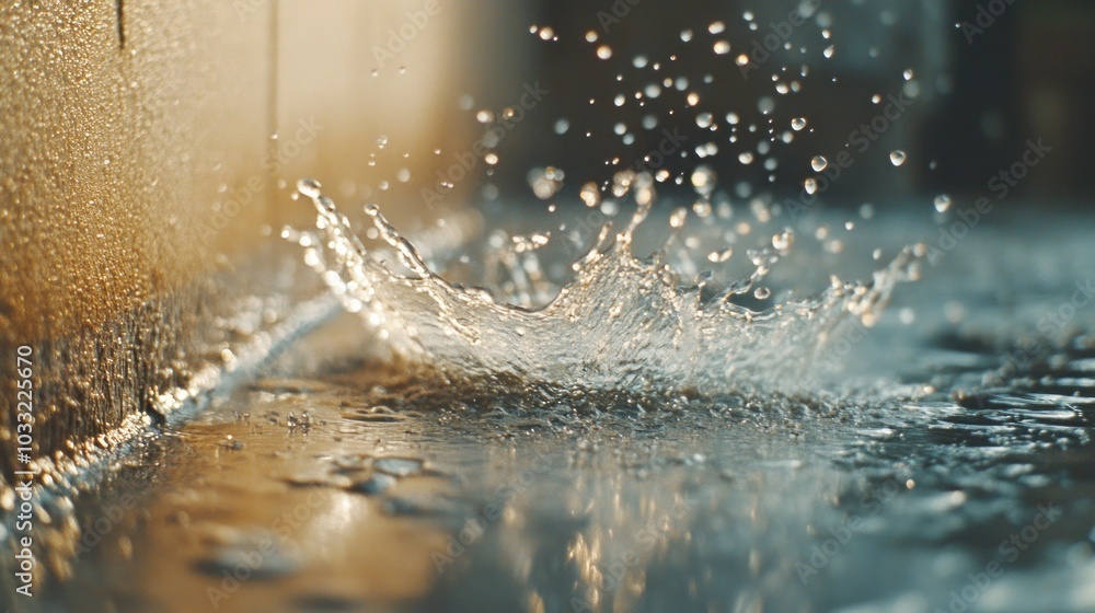 Poster water droplets splashing on a wet surface, creating a dynamic pattern of spray and ripples in the su